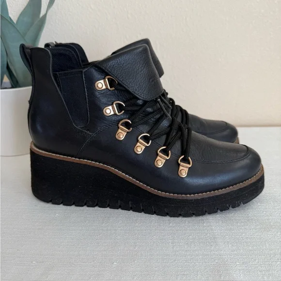 Cole Haan Black Leather Lace Up Wedge Waterproof Ankle Boots - Picture 4 of 11